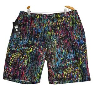 Hreski‎ Golf Shorts Mens 38 Black Multicolor Paint Splatter Print 10" Inseam New